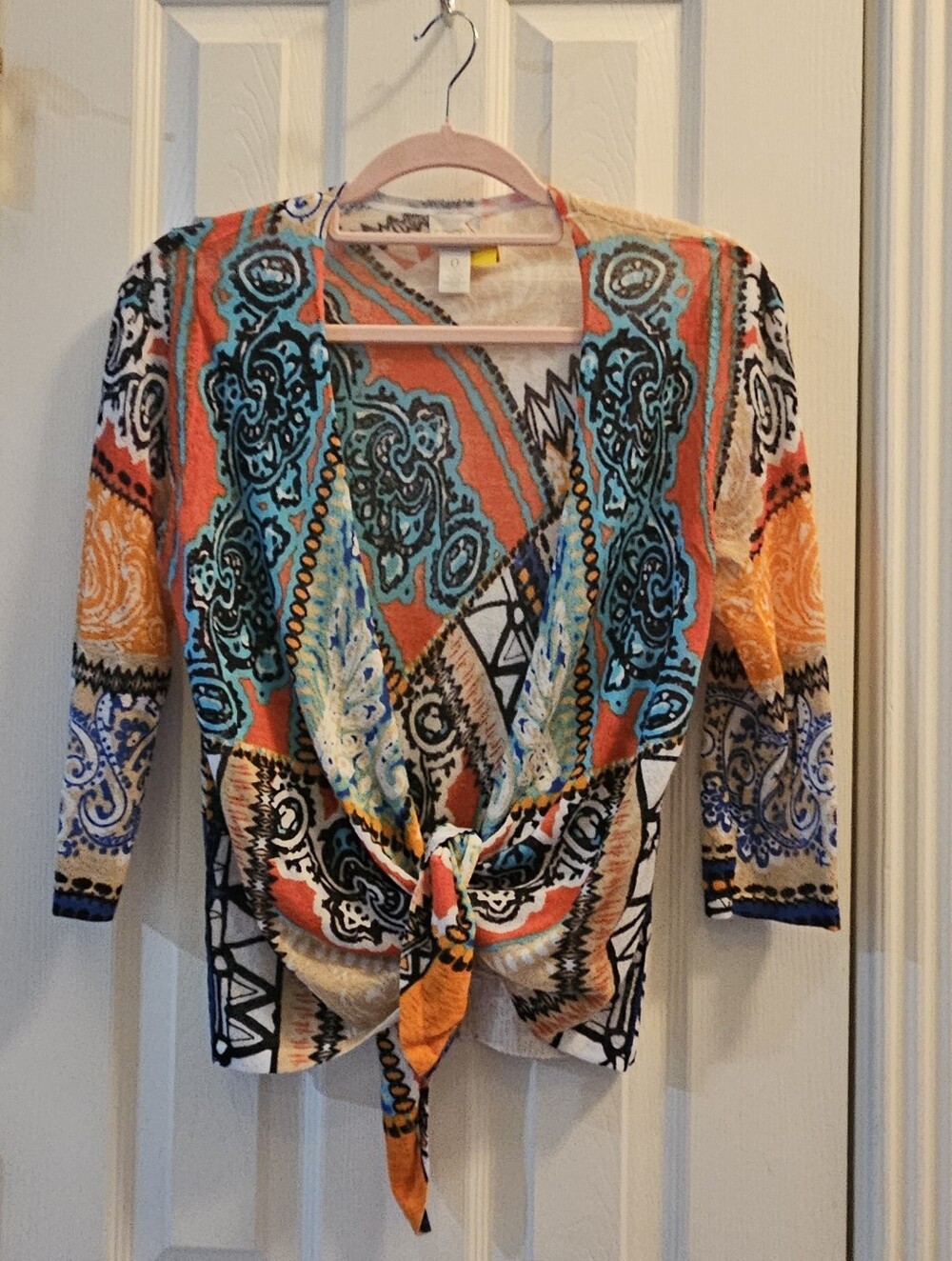 Chicos Tie-Front Vibrant Print Sweater, Sz 0/S-M, Lightweight With Stretch, EC